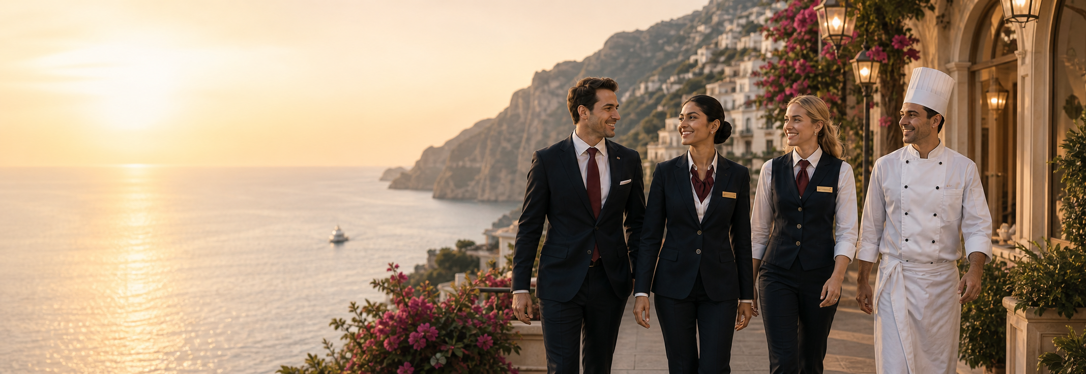 A multicultural hospitality team working together at an international hotel
